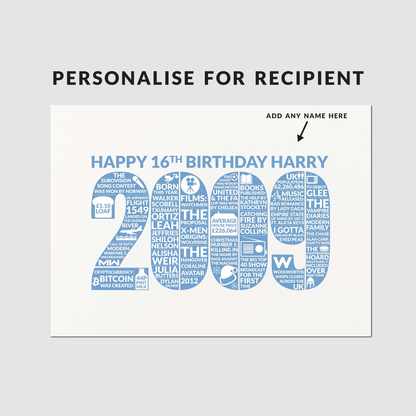 Personalised 16th Birthday Card, For Man Son Brother, Born in 2009 Year of Birth Milestone